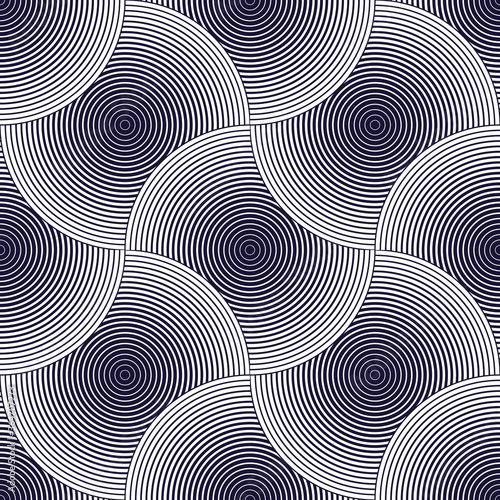 Geometric seamless pattern, abstract tiling background, vector repeat endless wallpaper illustration. Overlapping circles funky theme. Single color, black and white. 