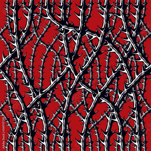 Horror style horrible seamless pattern, vector background. Blackthorn branches with thorns stylish endless illustration. Usable for fabric, wallpaper, wrapping, web and print.