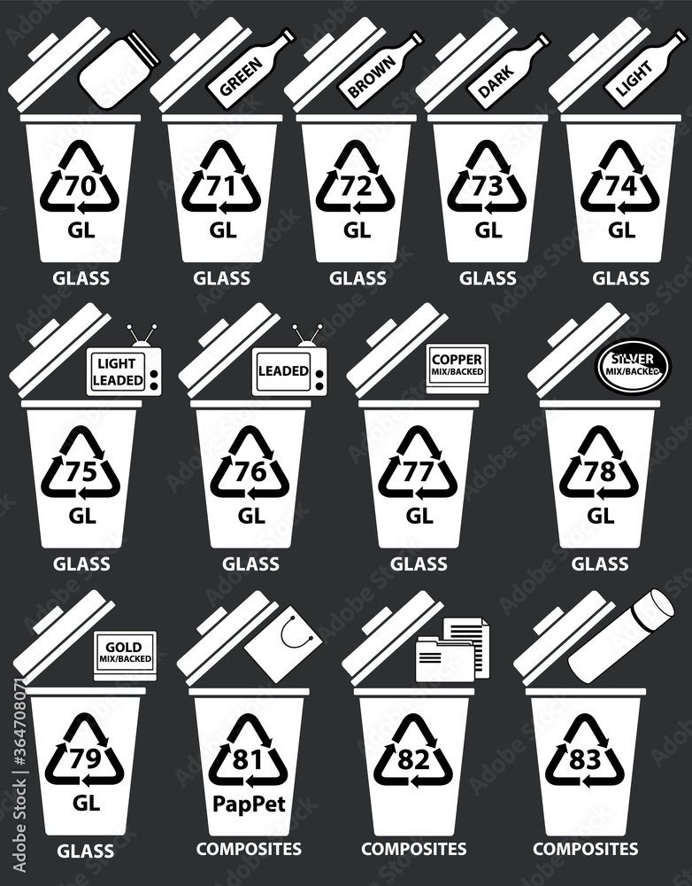 Recycling codes for glass composites. Recycling bins illustration with