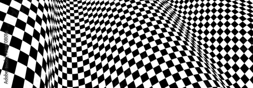 Checker pattern mesh in 3d dimensional perspective vector abstract background, formula 1 race flag texture, black and white checkered illustration.