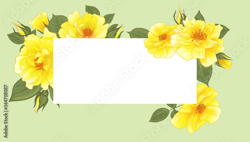 beautiful horizontal greeting card with yellow roses and a white box for text for invitations and thanks