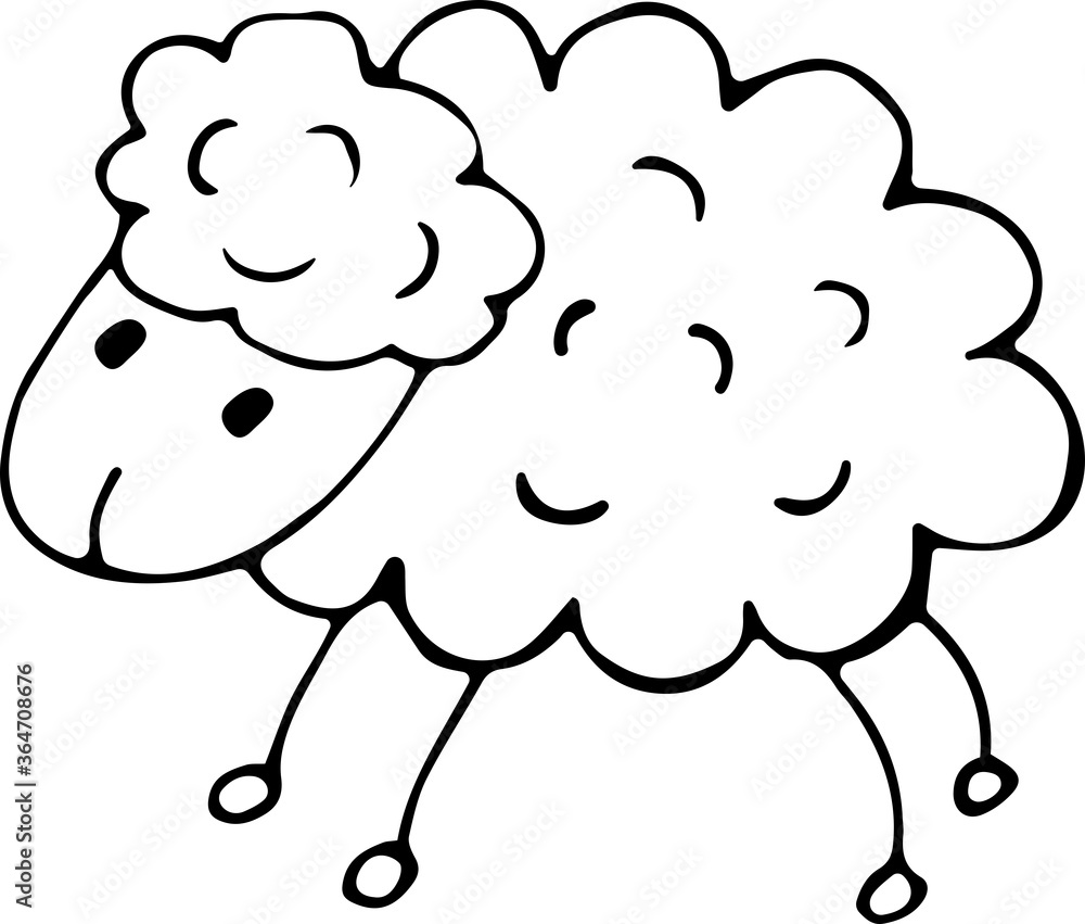 Vector illustration of a sheep or lamb in the Doodle style. Black outline on an isolated white background. Concept of household, livestock, insomnia, seasonality. Can be used for fabric, textiles Vector illustration of a sheep or lamb in the Doodle style. Black outline on an isolated white background. Concept of household, livestock, insomnia, seasonality. Can be used for fabric, textiles