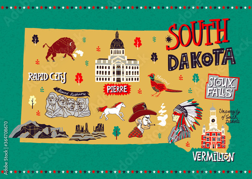 Illustrated map of  South Dakota, USA. Travel and attractions. Souvenir print