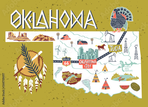 Illustrated map of  Oklahoma state, USA. Travel and attractions. Souvenir print