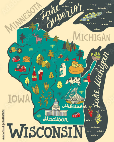 Illustrated map of  Wisconsin, USA. Travel and attractions. Souvenir print