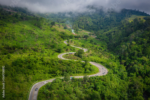 Aerial top view of Mountain and Road to Phu Thap Boek in the morning. Phetchabun Thailand.