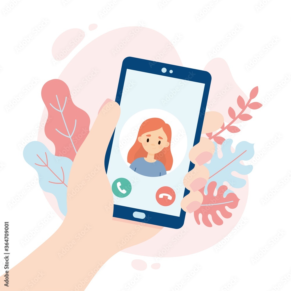 Incoming video call. Hand holding a smartphone. Cute girl making a video call. People using a video call app while social distancing. Incoming video call. Hand holding a smartphone. Cute girl making a video call. People using a video call app while social distancing.