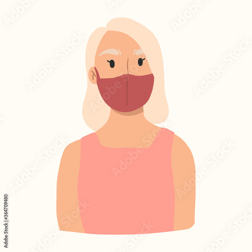 Yong girl in face mask to prevent virus. White hair and pink blouse.Vector hand drawn illustration.