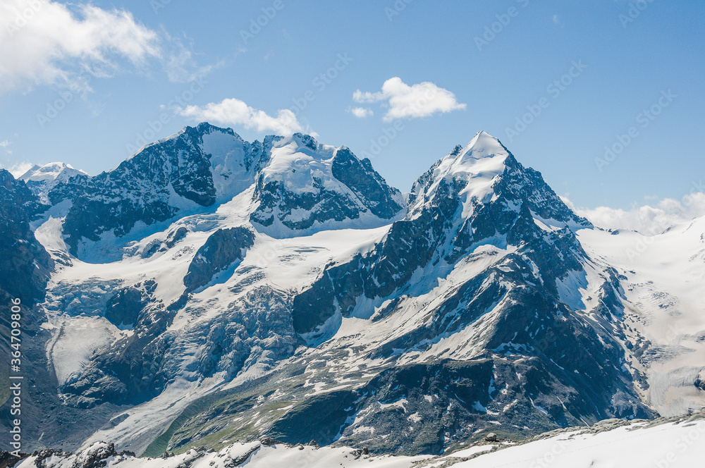Obraz premium Piz Roseg, Piz Scerscen, Piz Bernina, Biancograt, Wanderweg, Fuorcla Surlej, Gletscher, Tschiervagletscher, Sellagletscher, Murtèl, Corvatsch, Oberengadin, Alpen, Graubünden, Sommer, Schweiz