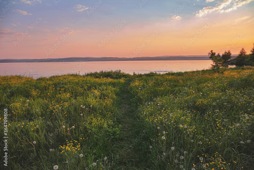 Obraz premium Meadow with a path leading to the lake, sunset time