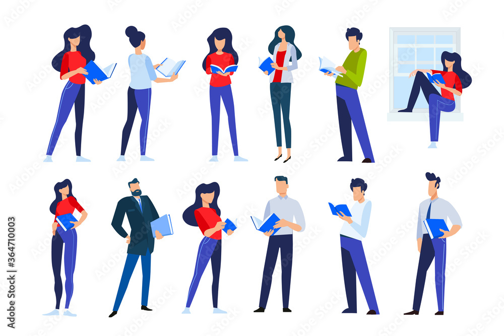Vector illustrations of people in different poses read a book. Concepts for graphic and web design, marketing material, business presentation templates, education, book store and library, e-book.
