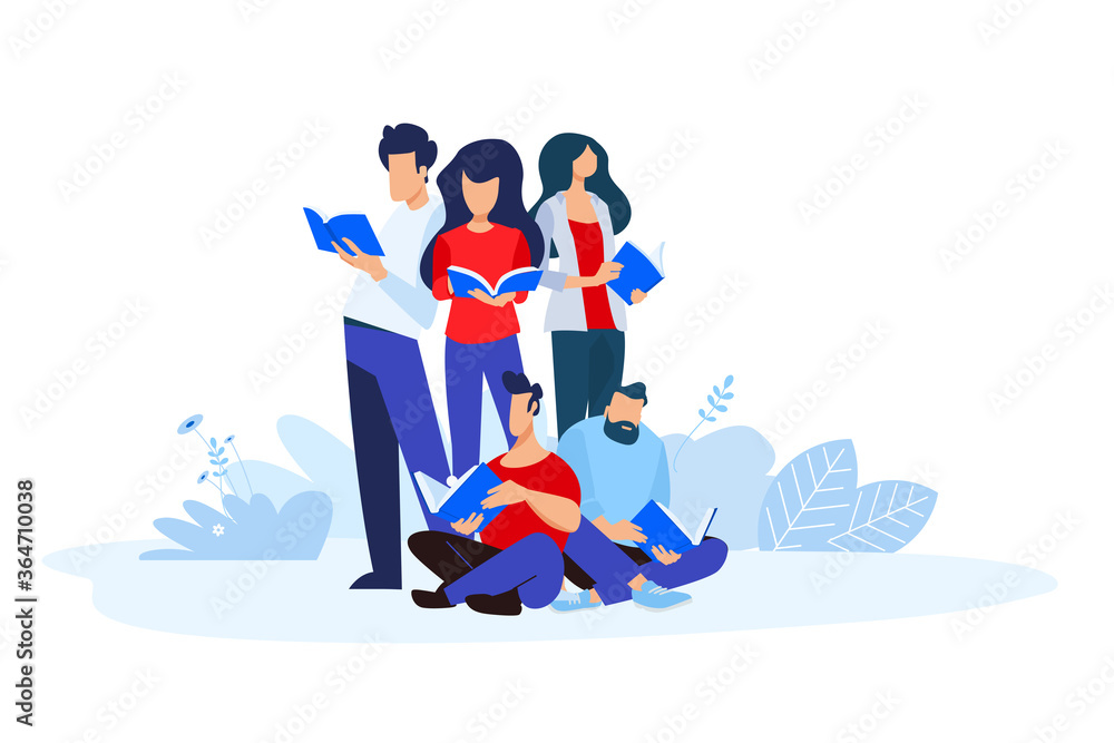 Fototapeta premium Improve your knowledge and business skills. Vector illustrations of people in different poses read a book. Concepts for graphic and web design, education, training and courses.