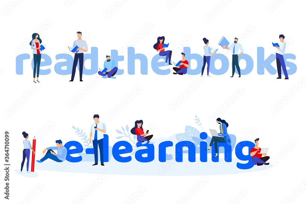 Read the books and e-learning. Vector illustration concepts for graphic and web design, marketing material, business presentation templates, online education, book store and library, e-book.