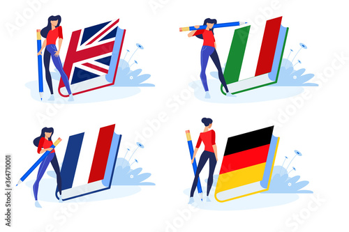 Language school and courses. Vector illustrations of woman in different poses with pencil and a book for learning a foreign language. Concepts for graphic and web design.
