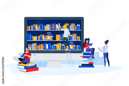 Library, book store and e-book. Vector illustrations of a man and a woman read books in front of the bookshelf. Concepts for graphic and web design, book store and library, e-book.