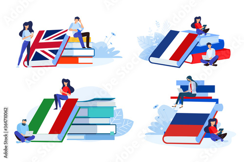 Online language school and courses. Vector illustrations of people in different poses with books for learning a foreign language. Concepts for graphic and web design, marketing material.