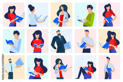 Vector illustrations of different people read books. Concepts for graphic and web design, marketing material, business presentation templates, education, book store and library, e-book.