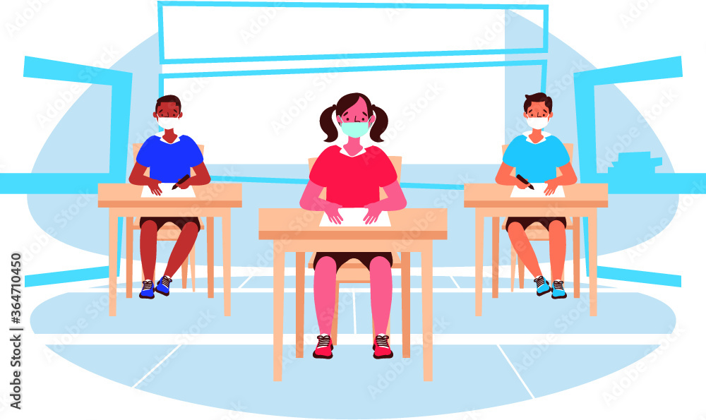 Social distance in New normal Concept, Teacher Boy and girl wearing medical face mask live in Classroom. prevent pandemic of corona virus or COVID-19. Social distance in New normal Concept, Teacher Boy and girl wearing medical face mask live in Classroom. prevent pandemic of corona virus or COVID-19.