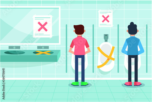 New normal or new norm Social distancing in Public toilet Men For living Life After COVID-19  illustration on background