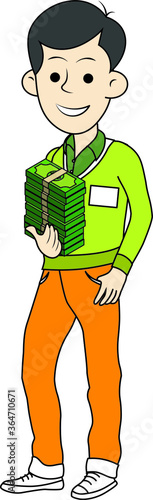 happy man standing with lots of money bundles in hand