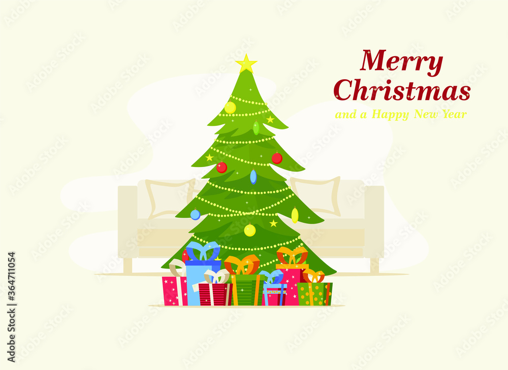 Decorated Christmas tree with gift boxes, star, lights, decoration of balls and lamps. Merry christmas and happy new year. Vector illustration Decorated Christmas tree with gift boxes, star, lights, decoration of balls and lamps. Merry christmas and happy new year. Vector illustration