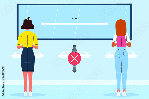 Social distance at washroom. Washroom signage for covid 19. Maintain social distancing during hand wash at wash basin. 