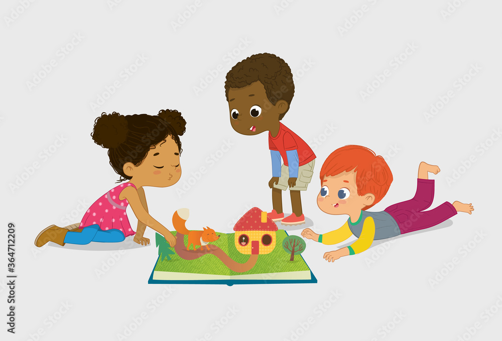 African American Girl tells fairy tales to her friends using pop-up book, children sit on floor in a circle and listen to her. Preschool activities and early childhood education. Vector illustration African American Girl tells fairy tales to her friends using pop-up book, children sit on floor in a circle and listen to her. Preschool activities and early childhood education. Vector illustration