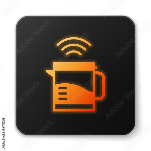 Orange glowing neon Smart electric kettle system icon isolated on white background. Teapot icon. Internet of things concept with wireless connection. Black square button. Vector.