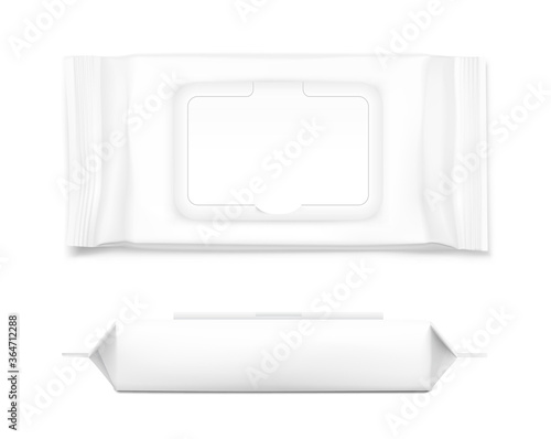 Wet wipes flow pack isolated on white background.  Front and side view. Template for your design. Realistic vector illustration. EPS10.	