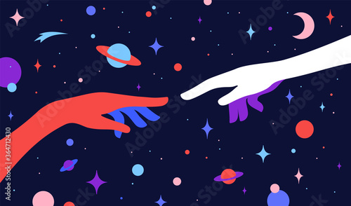 Two hands. The Creation of Adam. Design concept sign Creation of Adam. Silhouette hands of man and god, universe starry night dream background. Colorful contemporary art style. Vector Illustration