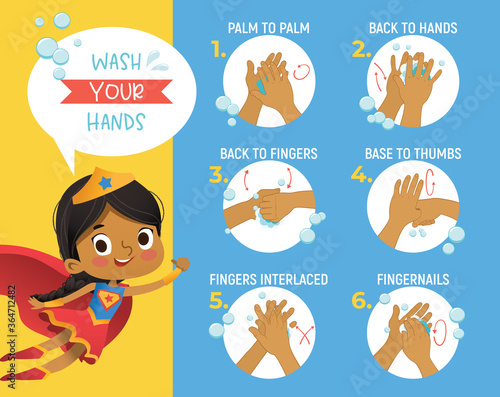 Super Hero Gorl shows how to wash your hands step poster Infographic illustration. Poster with african girl shows how to wash hands properly