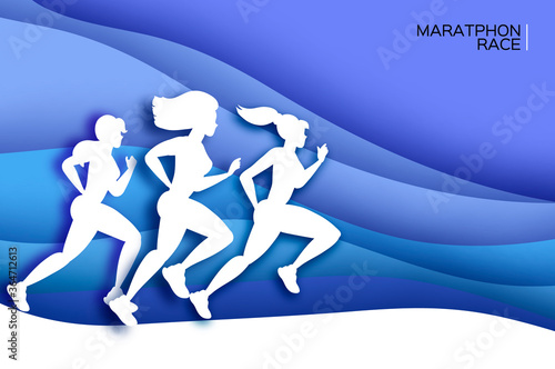 White origami young lady running. Happy fitness woman in paper cut style. Woman runner in silhouette on blue wave background. Jogging. Sport Marathon. Dynamic movement. Side view.