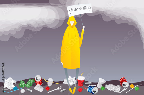 Man In Yellow Raincoat With Plastic Garbage photo
