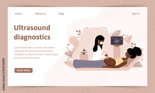 Ultrasound pregnancy screening concept landing page. Female doctor scanning mother. African girl with belly looking in monitor smiling. Embryo baby health diagnostic illustration.