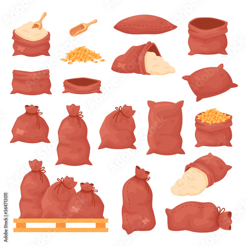 Sacks with wheat grains or flour, burlap bags on wood pallet isolated on white background. Empty and full canvas agricultural pouch in cartoon style, vector