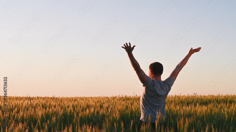 Adult man stands on a field in tall grass, arms spread out to the sides during sunrise. Digital detox, harmony with nature. Copy space. Adult man stands on a field in tall grass, arms spread out to the sides during sunrise. Digital detox, harmony with nature. Copy space.