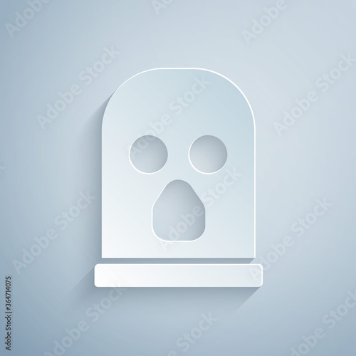 Paper cut Balaclava icon isolated on grey background. A piece of clothing for winter sports or a mask for a criminal or a thief. Paper art style. Vector.