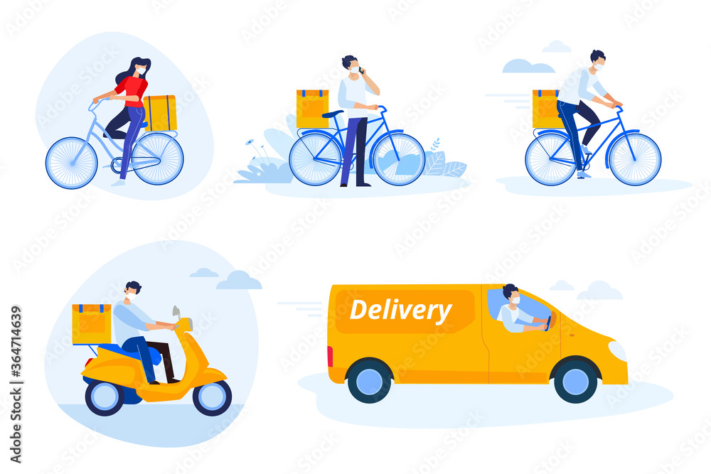Delivery. Set of flat design vector illustrations on the topic of delivery, courier service, transport, e-commerce and delivery of products purchased online. Concepts for graphic and web design.