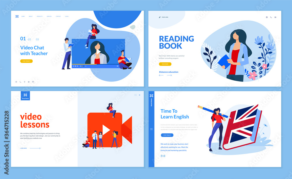 Web page design templates of online education, video tutorials, e-book, language school. Vector illustration concepts for website development. Web page design templates of online education, video tutorials, e-book, language school. Vector illustration concepts for website development.