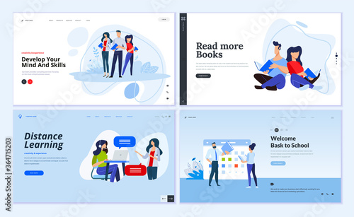 Web page design templates of distance learning, back to school, library and book store, business skill. Vector illustration concepts for website development. 