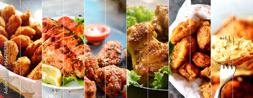 Collage of various food. Meat dishes and chicken dishes. Menu.