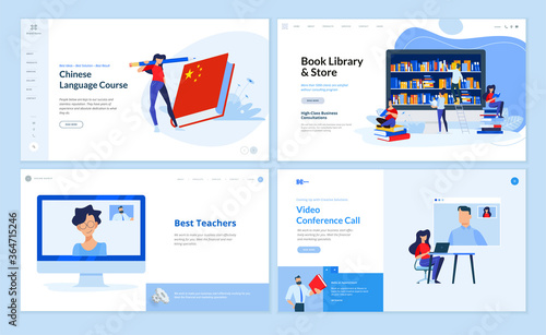 Web page design templates of language school, book library and store, distance education, video conference call. Vector illustration concepts for website development. 