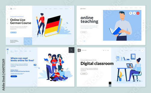 Web page design templates of digital classroom, online teaching, e-book, language school. Vector illustration concepts for website development. 