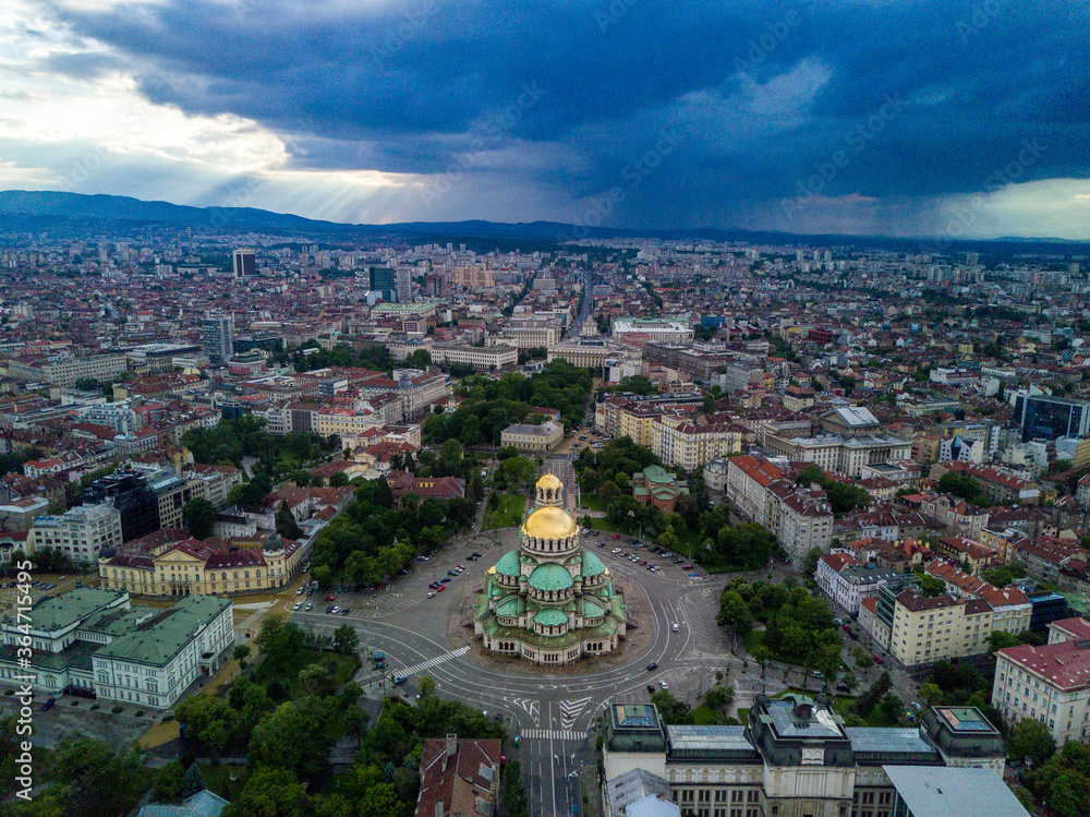 drone aerial view of the city Sofia, Alexander Nevski