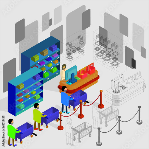 The concept design of Social Distance Vector Illustrators who are queuing in a shop