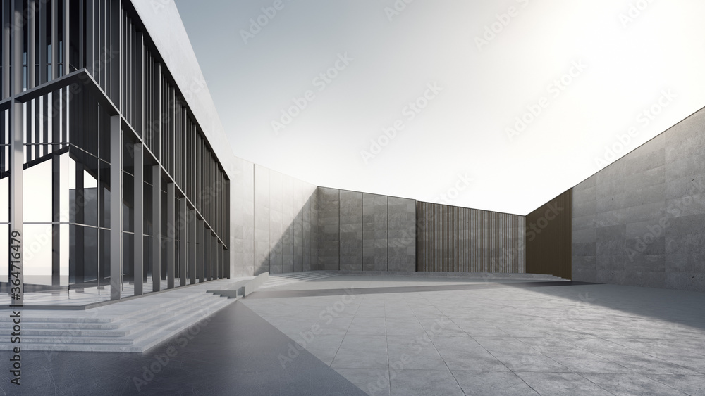 Empty concrete floor and gray wall. 3d rendering of modern building with clear sky background. Empty concrete floor and gray wall. 3d rendering of modern building with clear sky background.