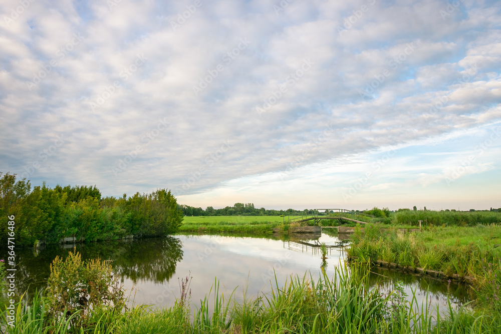 Fototapeta premium Cloud and landscape image of a dutch polder in the western part of Holland. Green meadows are intersected with ditches or canals, where the watersides are connected by small bridges.