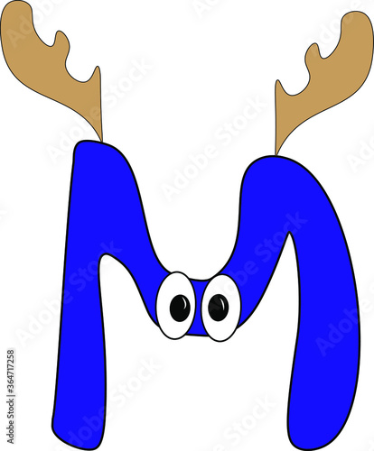 Bright new year's children's font. Christmas. Holiday atmosphere. English Latin alphabet. A sign with eyes and emotions. Fun bright blue kids letter M. Christmas reindeer antlers,