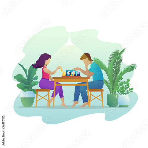 People playing chess together. Pensive man and woman sitting at table play strategic chess board game. Home leisure activity, intellectual hobby, relaxing sparetime. Flat vector illustration
