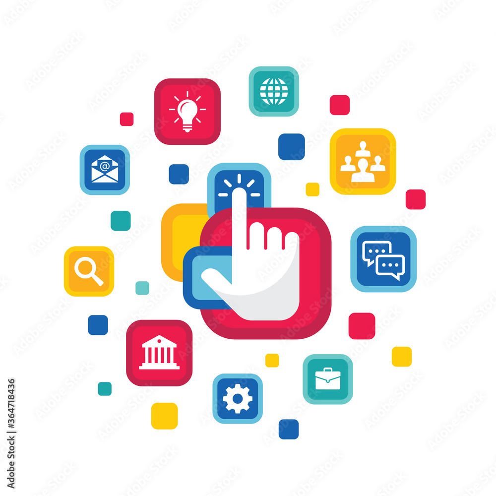 Hand touch screen - concept business banner template. Business icons set. Digital technology. Abstract graphic design element. Connection creative layout. Electronic industry. Vector illustration. Hand touch screen - concept business banner template. Business icons set. Digital technology. Abstract graphic design element. Connection creative layout. Electronic industry. Vector illustration.